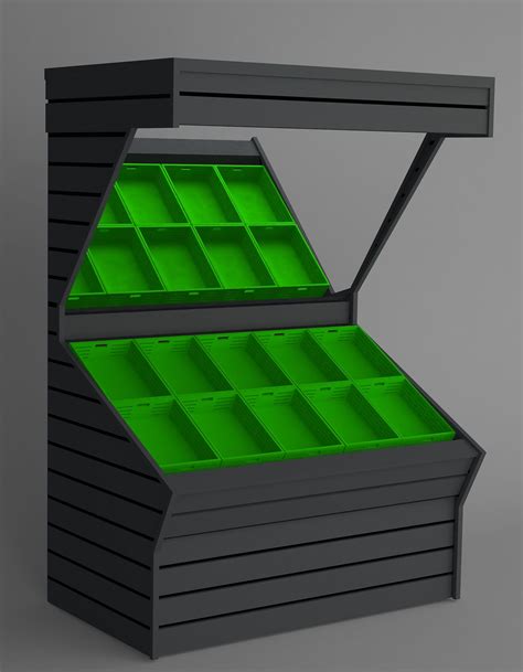 Two Black Shelves With Green Bins On Them