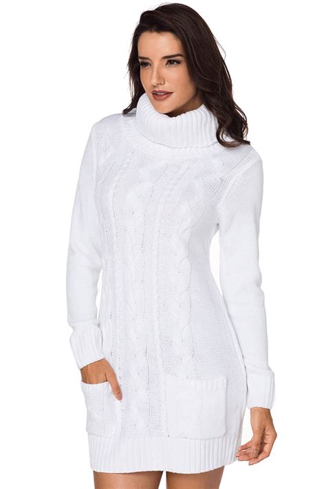 White Cowl Neck Pocket Cable Knit Sweater Dress Mb27836 1