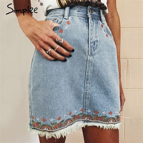 Simplee Casual Fringe Flower Embroidery Pencil Skirt Chic Slim High