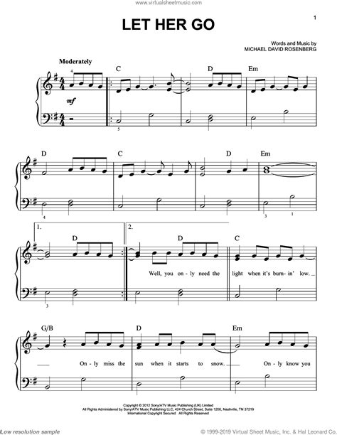 Easy piano sheet music arrangements for beginners. Passenger - Let Her Go, (beginner) sheet music for piano solo