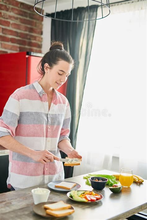 Young Woman Making Breakfast In Morning Stock Image Image Of Kitchen