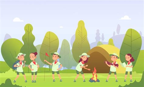 Premium Vector Scouts In Camping Cartoon Kids At Campfire In Forest