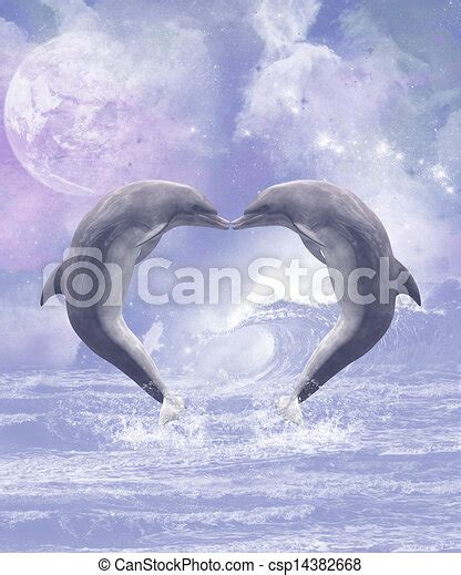 Dolphins Kisses Two Kissing Dolphins Forming A Heart The Full Moon