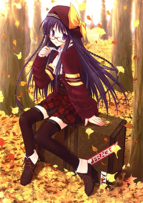 Original Anime Girl School Uniform Leaves Autumn Cute Beautiful Dress