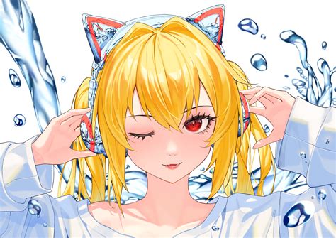 Download Headphones Blonde Water Red Eyes Wink Face Anime Original Hd