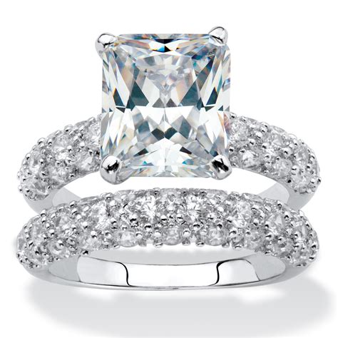 650 Tcw Emerald Cut Cubic Zirconia Platinum Plated Bridal Engagement Ring Wedding Band Set At