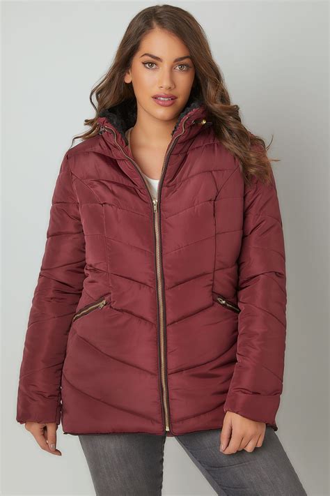 Burgundy Short Quilted Puffer Jacket With Foldaway Hood Plus Size 16 To 36