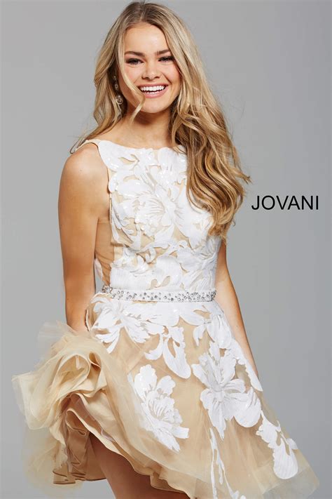 Jovani 57950 Nude White Fit Flare Short Cocktail Dress