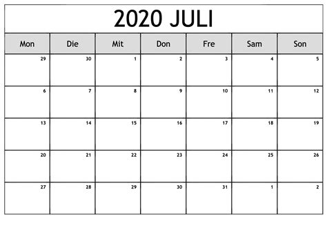 Frei Kalender Juli 2020 Mit Feiertagen
