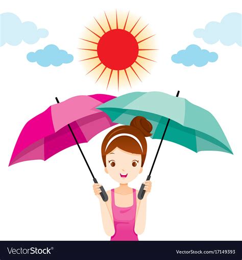 Girl Holding Two Umbrellas With Sun Light Vector Image