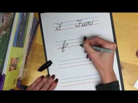 Each letter contains a solid letter, an object that starts with that letter, and seven dotted letters for tracing. Learn Cursive Letter "F" - YouTube