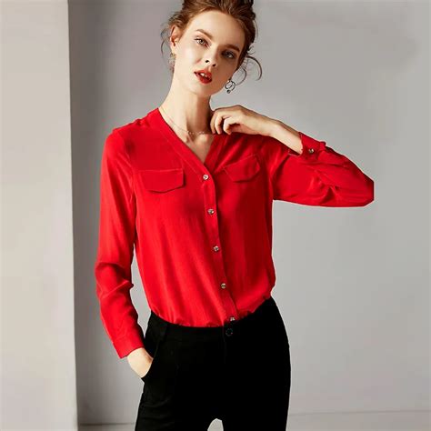 Blouse Women Red Shirt 100 Silk Elegant Design V Neck Long Sleeve