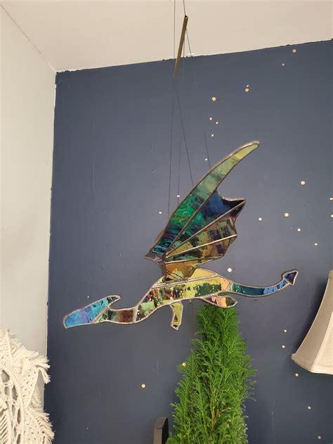 Iridescent Stained Glass Flying Dragon Mobile Etsy