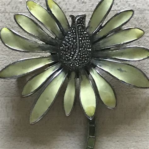 Sterling Silver Brooch Large Enameled Daisy With Marcasite Center