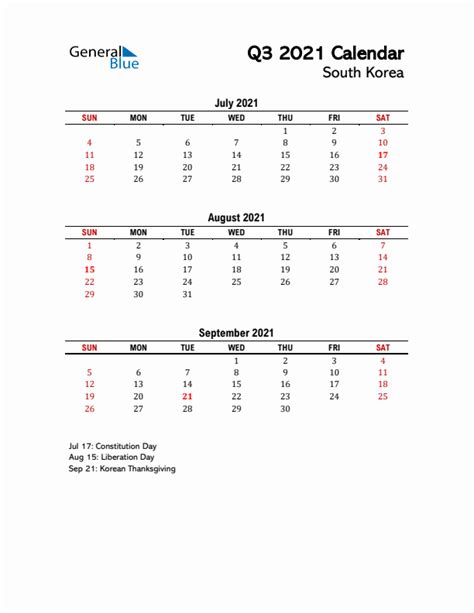 Q3 2021 Quarterly Calendar With South Korea Holidays