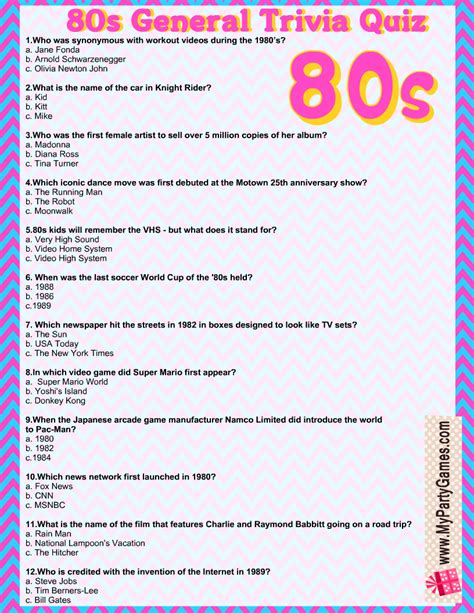 Free Printable 80s General Trivia Quiz With Answer Key 80s Music Trivia