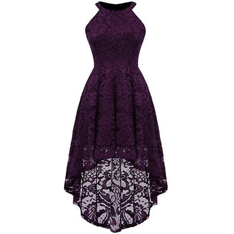 Women Vintage Halter Neck Floral Lace Hi Lo Backless Bridesmaid Dress A