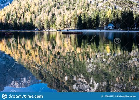 Fall Scenery Of Lake Braies Lago Di Braies At Alps Background In South