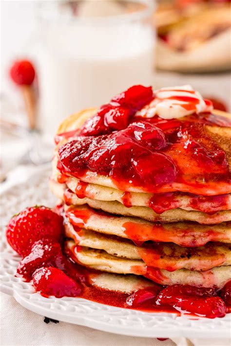 Top with some whipped cream, cool whip, fresh strawberries, fat free strawberry greek yogurt, nuts, chocolate chips, or anything else you can think. Strawberry Pancakes Recipe with Strawberry Sauce | Sugar ...