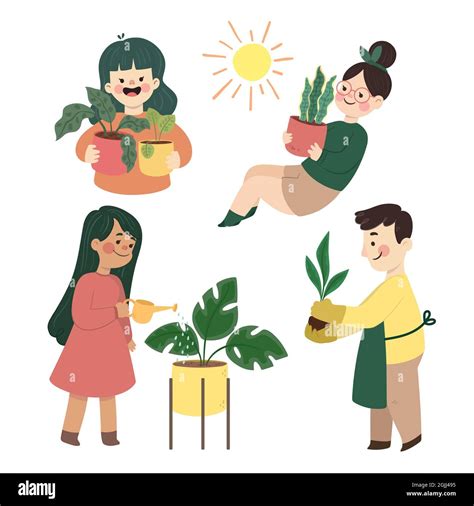 Flat People Set Taking Care Of Plants Vector Illustration Stock Vector