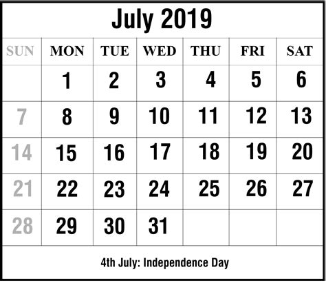 July Calendar 2019 Printable Calendar