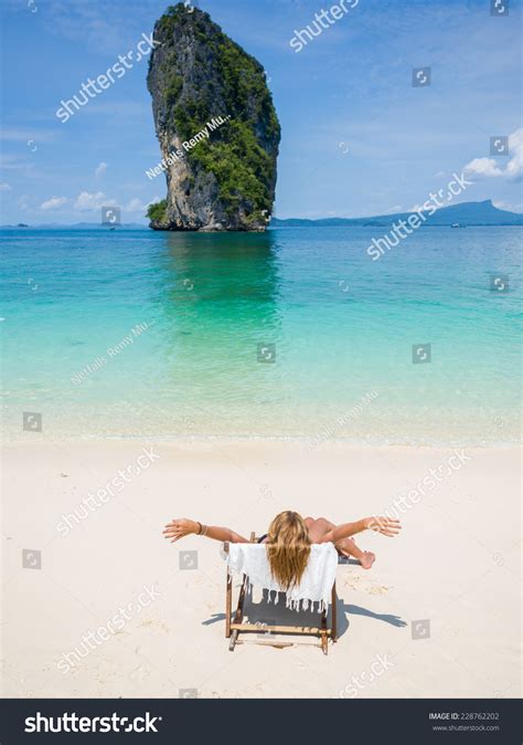 Woman Relaxing On Beach On Sunbed Stock Photo Shutterstock