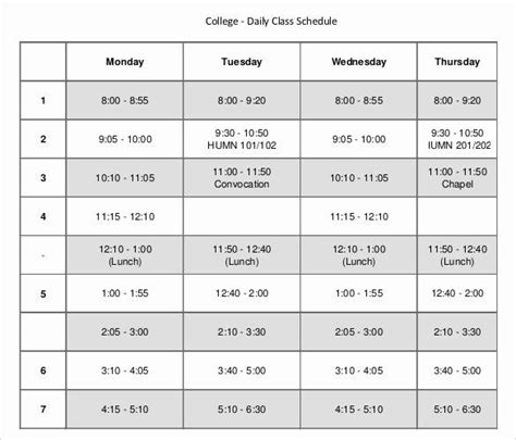 College Class Schedule Template Beautiful Daily Schedule Template 39