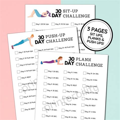 30 Day Printable Fitness Challenge Sit Ups Planks And Push Ups Etsy