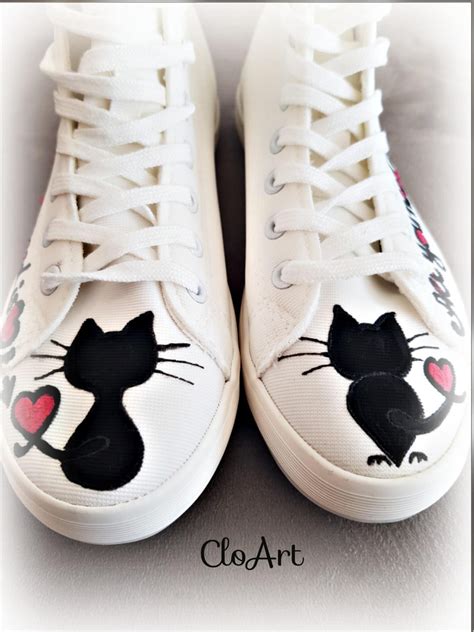 Painted Sneakers With Black Cats Cats Canvas Sneakers Cats Etsy
