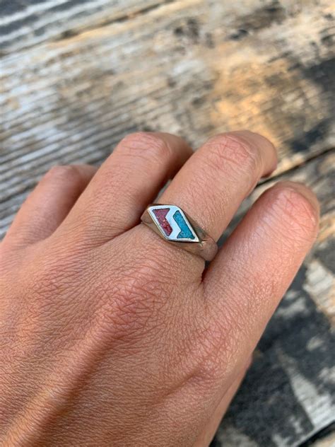Crushed Turquoise And Coral Diamond Shaped Geometrical Inlay Silver