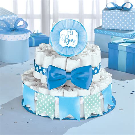 Use this boy baby shower decoration to dress up your diaper cake. Blue Baby Shower Diaper Cake Decorating Kit | Party City