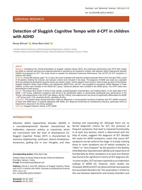 Pdf Detection Of Sluggish Cognitive Tempo With D Cpt In Children With
