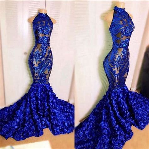 royal blue mermaid prom dresses 2020 sexy high neck sequin 3d flowers african black girl long