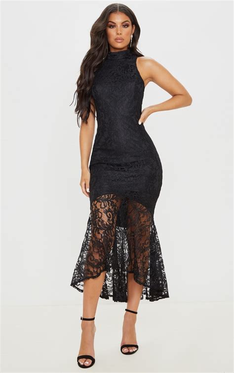 Black Lace High Neck Fishtail Midaxi Dress Prettylittlething Usa