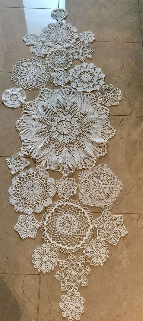 Crochet Doily Table Runner Made Using 24 Assorted Size Doilies