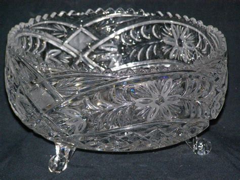Vintage Pressed Glass Etched Three Footed Center Piece Bowl By Parkie