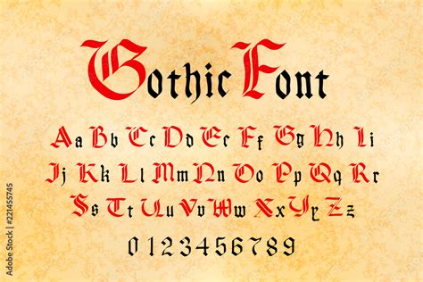 Red And Black Gothic Font Set Of Medieval Letters And Numbers On Old
