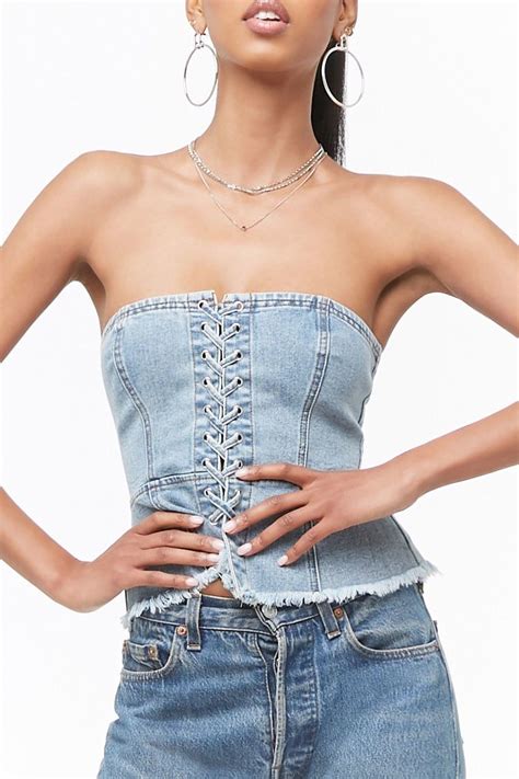 Denim Lace Up Tube Top Forever 21