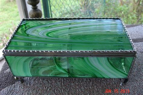 Handmade Green And White Swirled Stained Glass Jewelry Box With Dividers By Artistic Stained