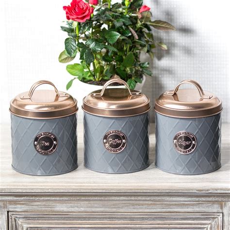 Grey Tea Coffee Sugar Storage Canisters With Copper Lids Amazon Co Uk