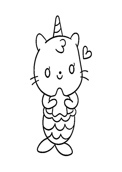 🥇 🥇 Dibujo de unicornio kawaii gatito sirena con estrella de mar para