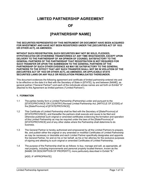 Free Limited Partnership Agreement Template Free Printable Templates