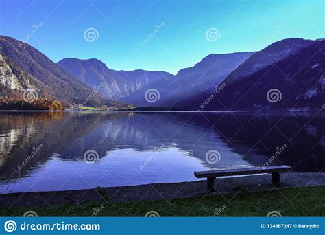 Romantic Bench On The Board Of Magnificent Hallstatt Lake Stock Image