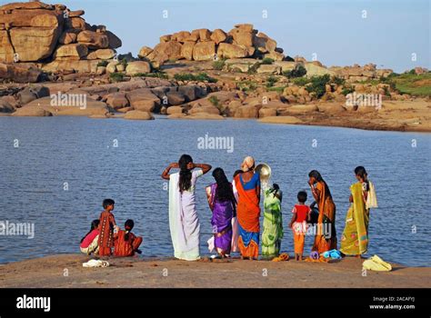 Indian Women Wash The Tungabhadra River At Hampi Southern India Asia