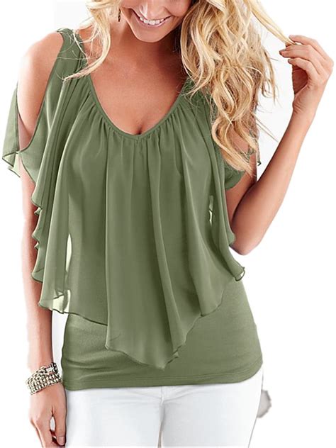 Double Layer Women Casual Cold Shoulder Chiffon Blouse Tops