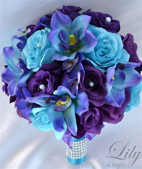 17 piece package wedding bridal bouquet silk flowers bouquets maid bridesmaid purple turquoise