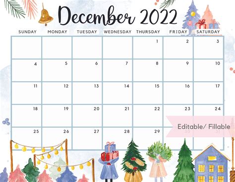 December Calendar Instant Printable Download Downloadable Pdf Cute