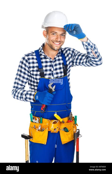Friendly Smiling Construction Worker With Wrench Saluting Isolated On