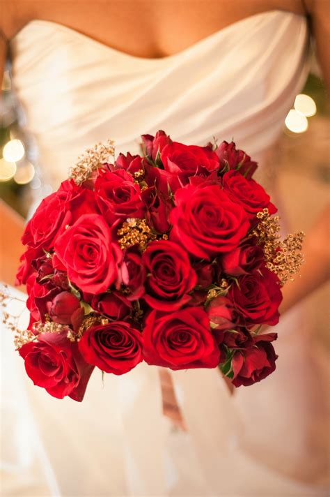 Red Rose Bridal Bouquet With Gold Babys Breath