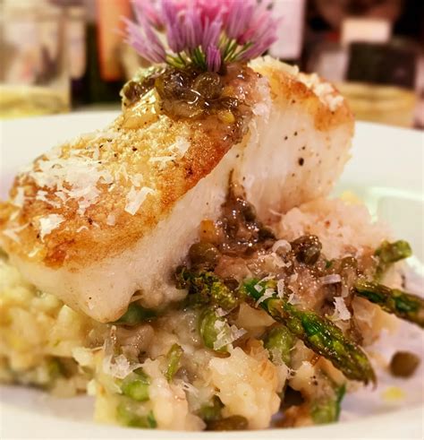 Pan Seared Chilean Sea Bass With Lemon Caper Sauce And Asparagus Risotto In 2022 Sea Bass
